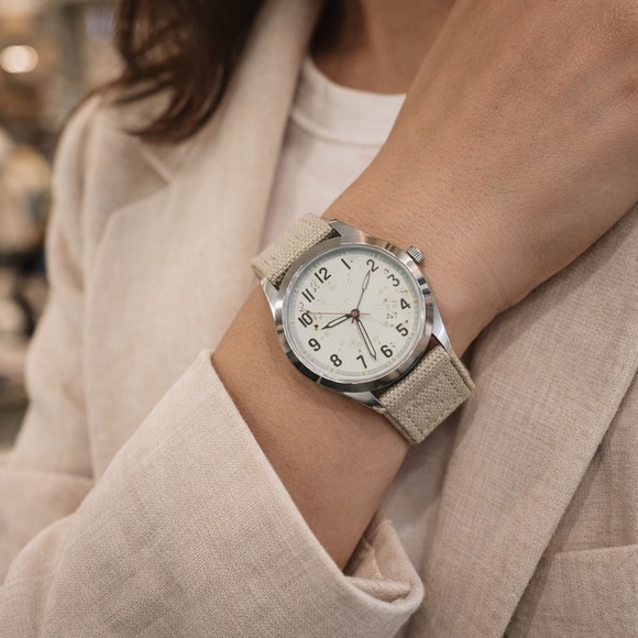 Merona Beige Canvas Strap Women\'s Watch with White Dial